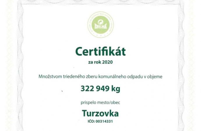 Mesto Turzovka získalo certifikát za triedený zber